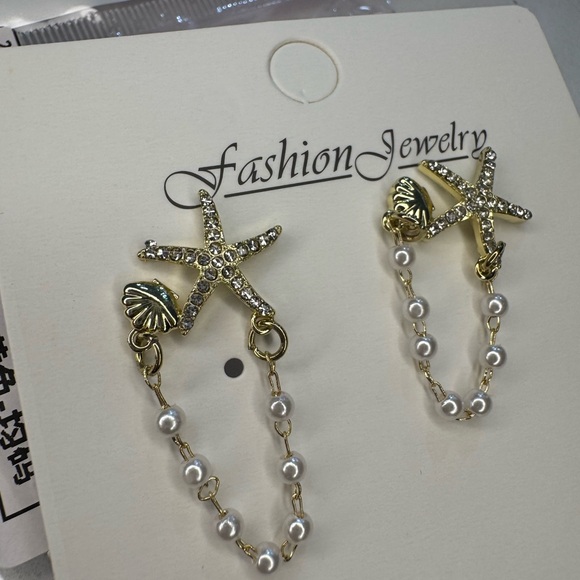 Gold Starfish and Pearl Drop Earrings - Picture 7 of 8